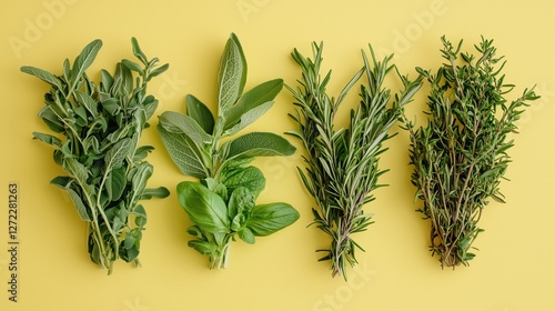 Obraz na płótnie fresh aromatic herbs on a yellow background w salonie