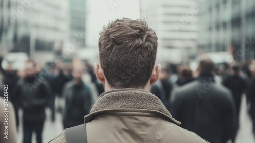 Man in city crowd, looking ahead, urban background, business use