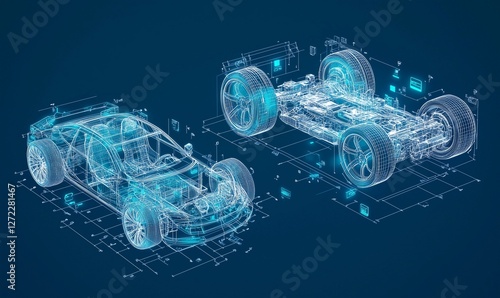 Blue wireframe graphic illustrates exploded view of a car and chassis with technical details and annotations