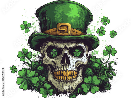 St. Patricks Day Skull Leprechaun Hat Shamrock Design