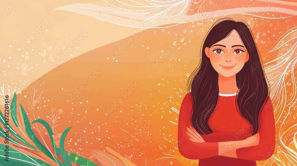 smiling woman with long hair in colorful illustration