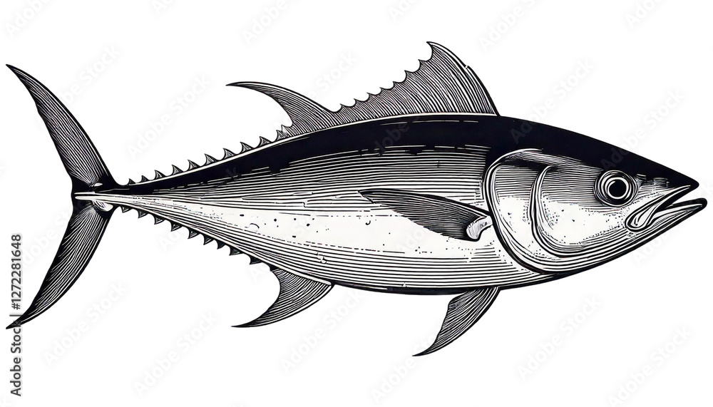 tuna fish in a black ink etched style on white