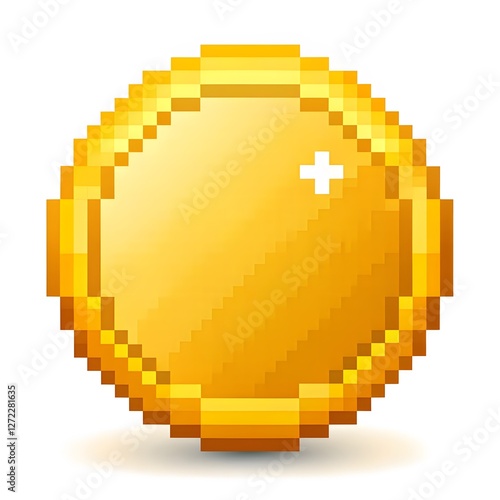 8-bit pixel art style golden coin icon isolated on a white background.