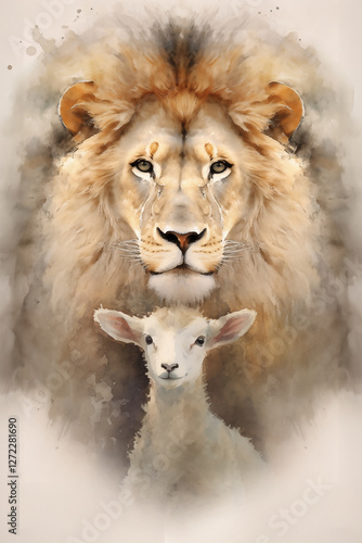 Lion and Lamb: Watercolor Inspired  Vision of Strength and Peace Print. 