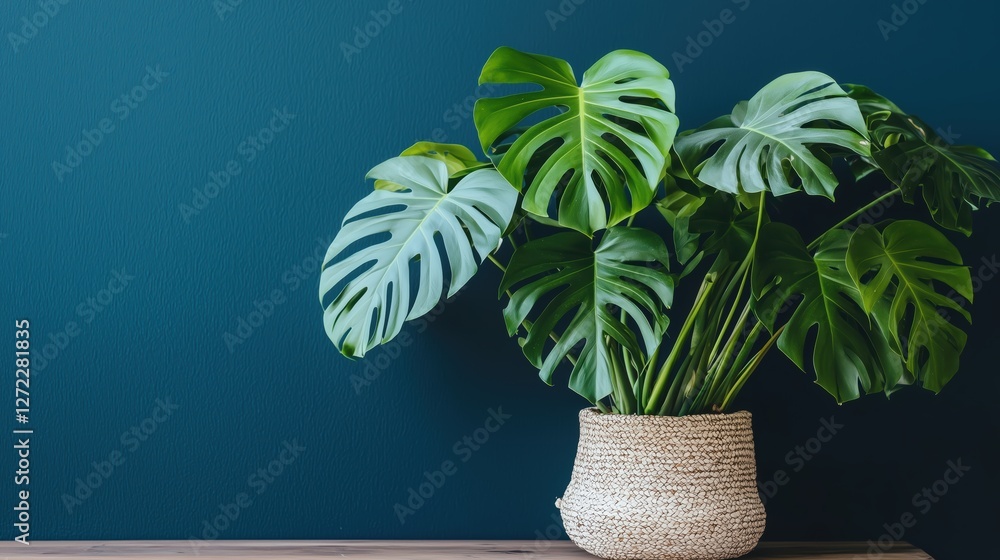 green monstera plant with large leaves on beige background