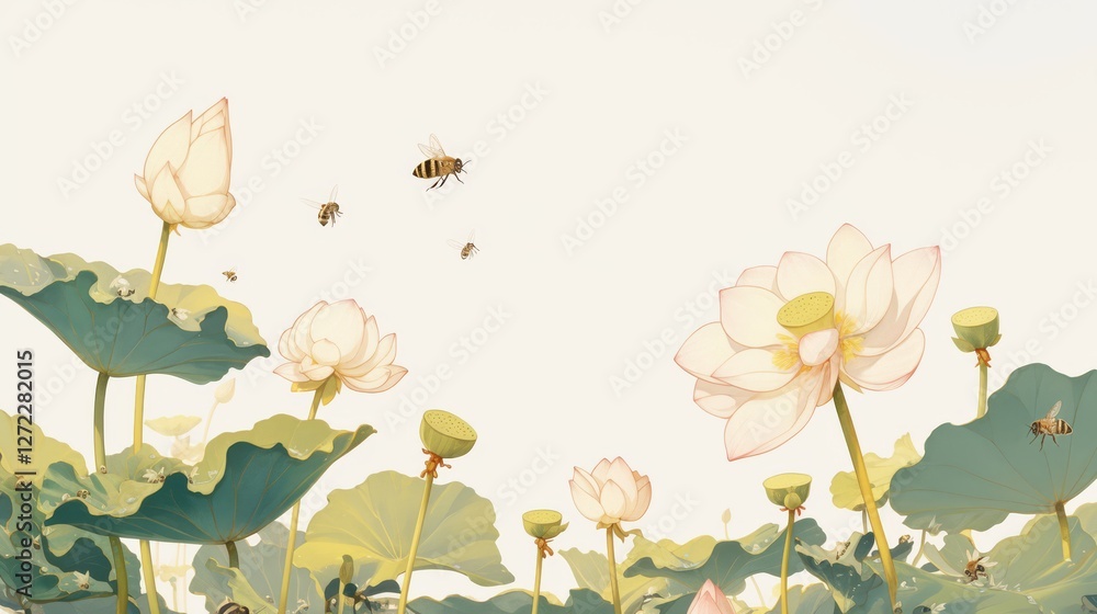 Bees collecting nectar, butterflies flying, flowers blooming in spring Bees collecting nectar, butterflies flying, flowers blooming in spring