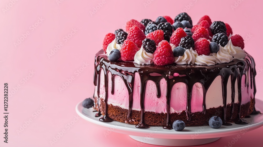 chocolate berry cake with pink cream on a plate