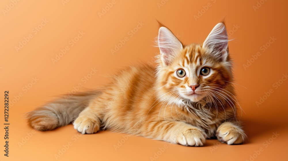 fluffy ginger kitten lying on an orange background