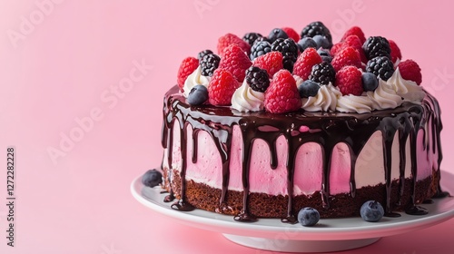 Obraz na płótnie chocolate berry cake with pink cream on a plate w salonie