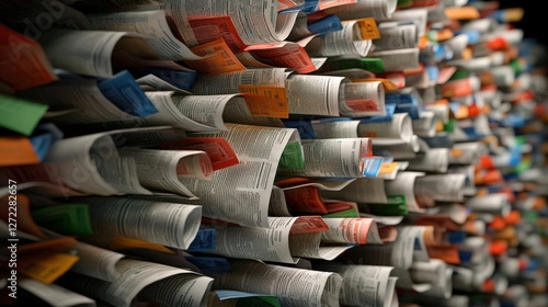 A close-up view of numerous rolled newspapers stacked together, showcasing vibrant colors from various bookmarks and labels. Ideal for themes of news, media, and information.