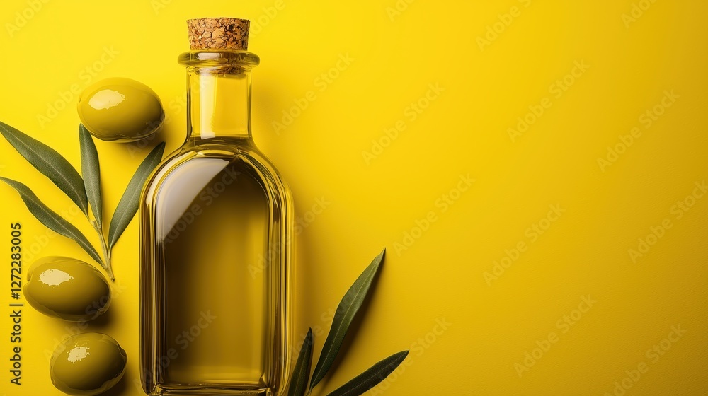 bottle of olive oil with leaves on green background