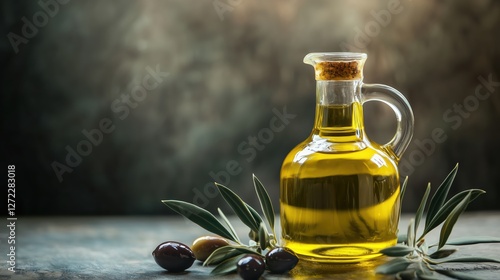 Obraz na płótnie bottle of olive oil with leaves on green background w salonie