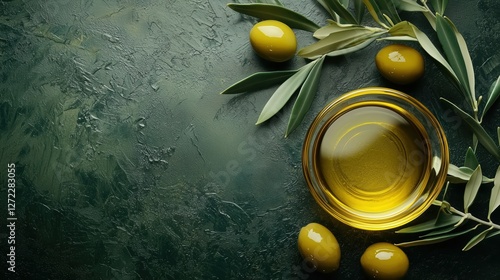 bottle of olive oil with leaves on green background