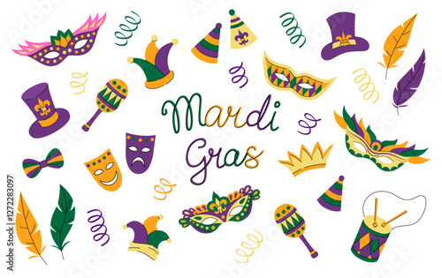 Mardi Gras cartoon vector set isolated on white. Throve Tuesday colorful collection
