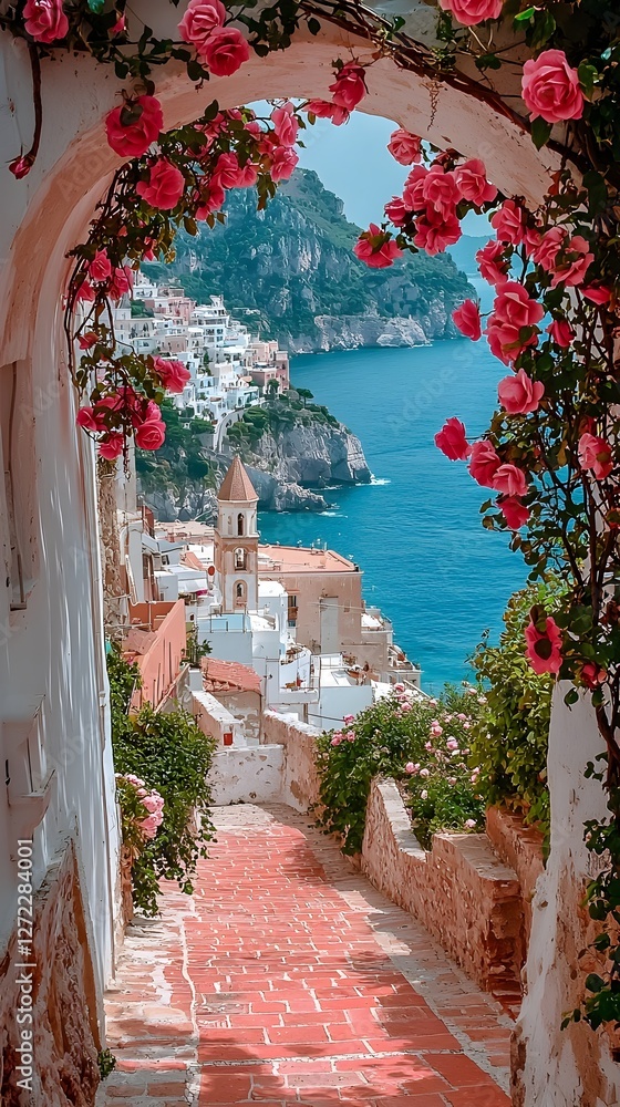 Obraz premium White arch with pink roses framing a seaside path and coastal town in southern Italy