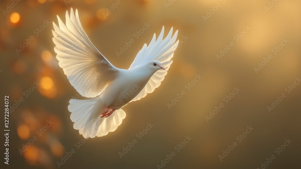 White dove in flight against a soft golden background