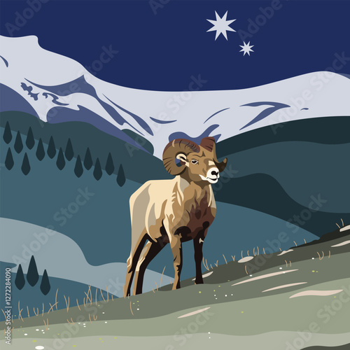 A bighorn sheep standing on a mountain slope under a night sky. Vector illustration