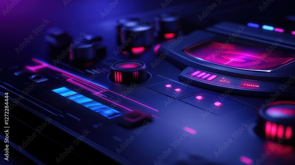 A close-up view of a modern sound mixer, featuring vibrant purple and blue lights, knobs, and displays, showcasing technology's impact on music production and audio engineering. A close-up view of a modern sound mixer, featuring vibrant purple and blue lights, knobs, and displays, showcasing technology's impact on music production and audio engineering.