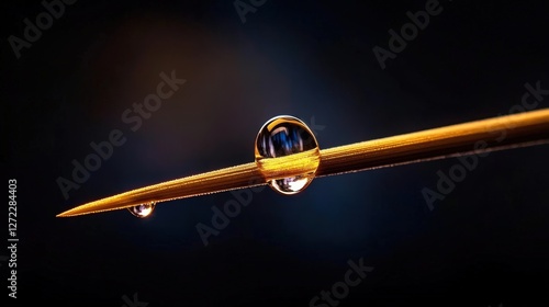 A close-up view of a needle with a water droplet perched at its tip, showcasing the beauty of precision and the fascinating interplay of light and liquid. photo