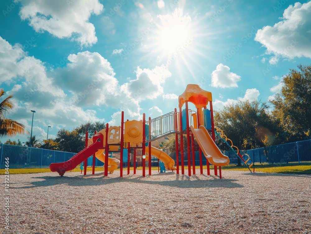Colorful playground under sunny sky, kids play area, park