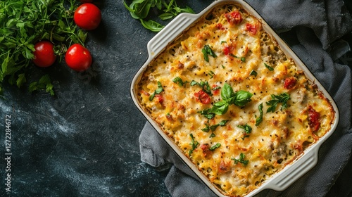 Obraz na płótnie delicious baked pasta with cheese and tomatoes w salonie