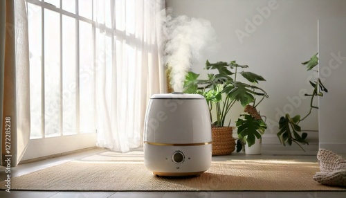 モダンなリビングルームに置かれたスタイリッシュな加湿器 - 自然光と観葉植物が調和する癒しの空間