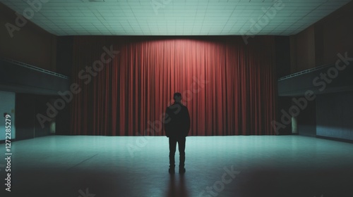 Empty hall with red curtains, man in silhouette. Possible stock photo use photo