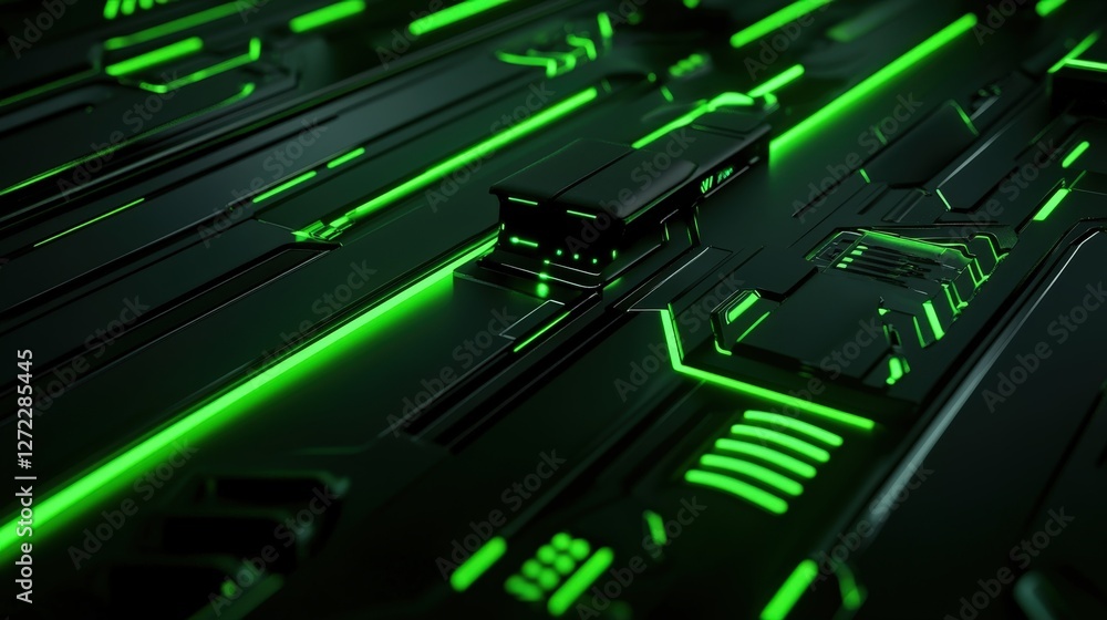 A close-up view of a futuristic digital circuit board with glowing green lines and intricate patterns, symbolizing advanced technology and modern innovation in the digital age.