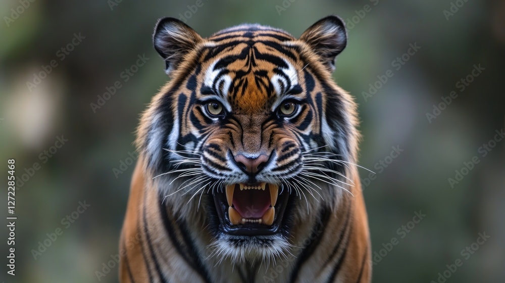 Fototapeta premium Fierce tiger roaring in a lush jungle environment