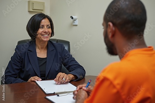 Prison social worker in counseling session with inmate