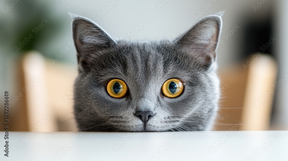 Curious gray cat peeking over a table indoors Curious gray cat peeking over a table indoors