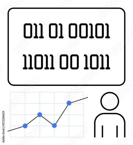 Binary code on screen, upward line graph with data points, and minimalist user figure. Ideal for tech, programming, AI, analytics, data visualization, business growth abstract line flat metaphor