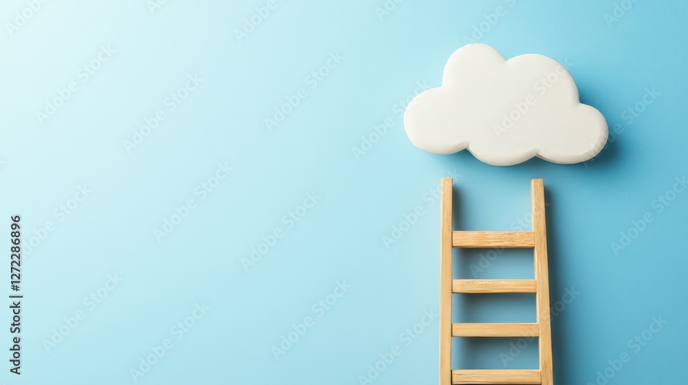 On a blue background, a 3D ladder climbs up to a cloud On a blue background, a 3D ladder climbs up to a cloud