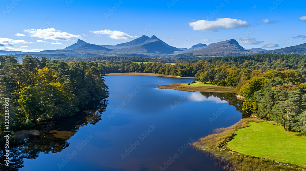 Fototapeta premium Aerial view serene loch reflecting mountains, autumn foliage, Scottish Highlands, travel brochure