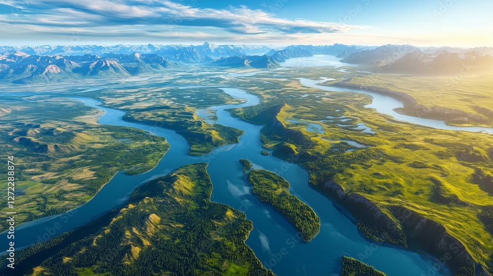 Aerial View of Scenic Landscape with Rivers and Mountains Aerial View of Scenic Landscape with Rivers and Mountains