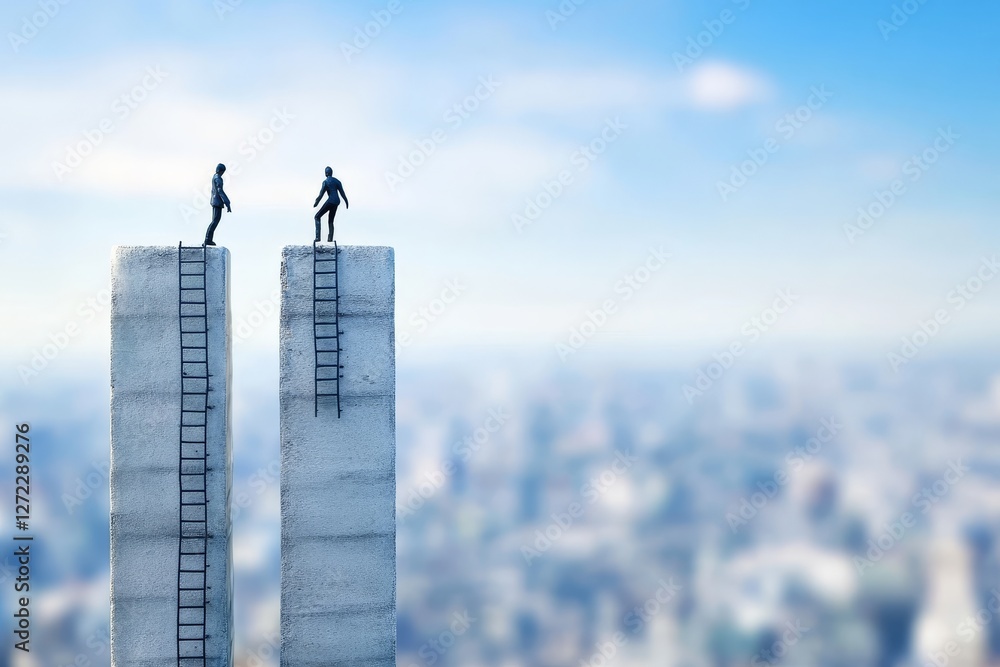 The businessman climbs to the apex of the tallest ladder, reaching new horizons, against a slightly out-of-focus city backdrop The businessman climbs to the apex of the tallest ladder, reaching new horizons, against a slightly out-of-focus city backdrop