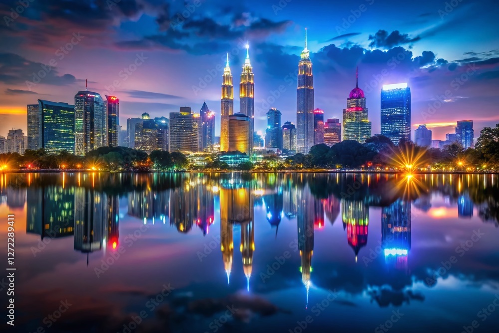 Fototapeta premium Kuala Lumpur Skyline Silhouette Reflection - Stunning Night Cityscape