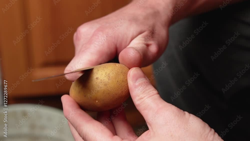 Male hands peeling potatoes with kitchen knife in kitchen preparing potatoes for cooking