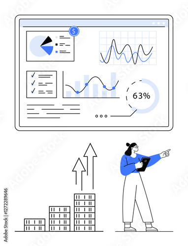 Analytical dashboard featuring charts, pie graph, and growth metrics with arrows and buildings. Professional with tablet presents strategy. Ideal for finance, business, growth, planning, data