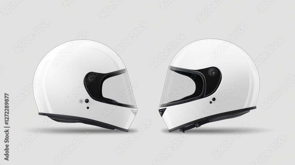 Fototapeta premium Two white motorcycle helmets, side view, neutral background, mock-up for product presentation, promotional material