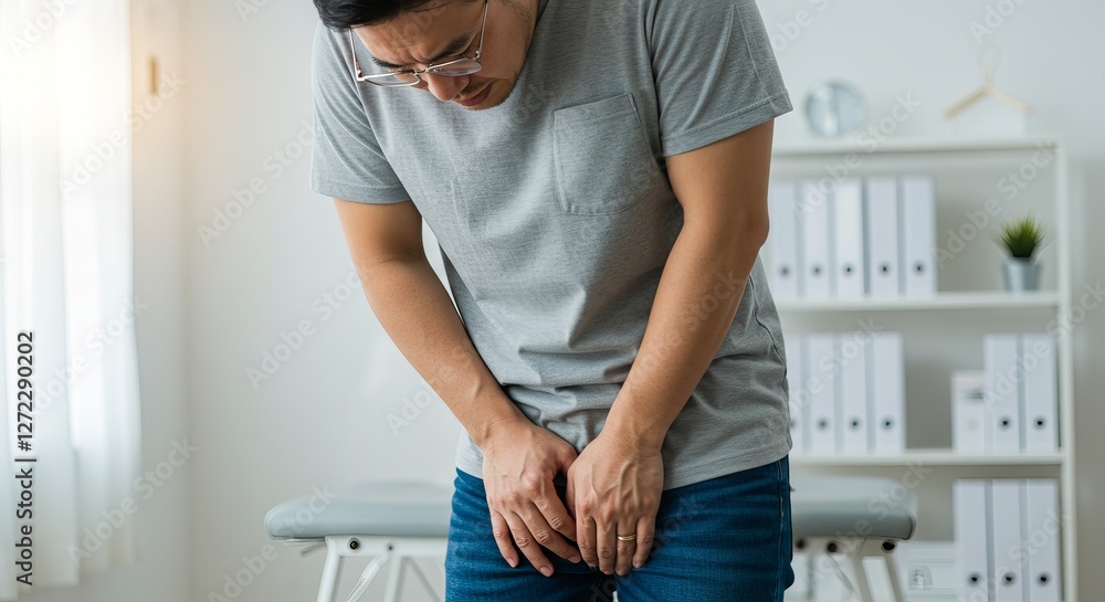 Obraz premium Man in pain holding stomach in bright room