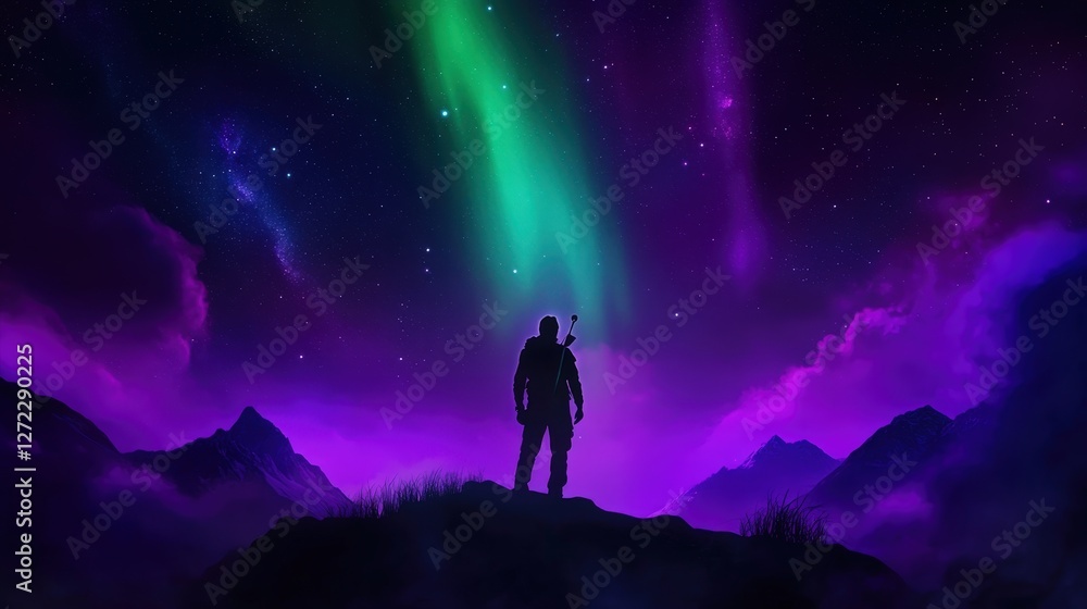 Fototapeta premium A captivating silhouette of a person against a vibrant night sky filled with colorful auroras. This image evokes a sense of wonder and exploration in the great outdoors.