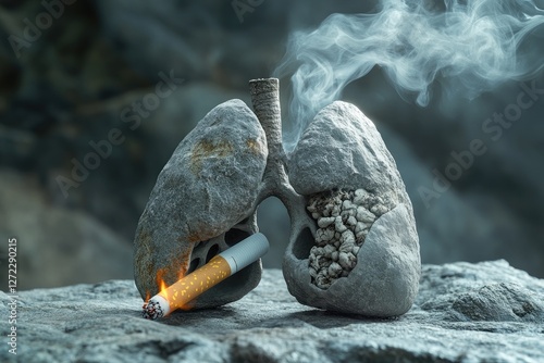 Damaged lungs, smoking, outdoor, nature background.  Possible use health awareness photo