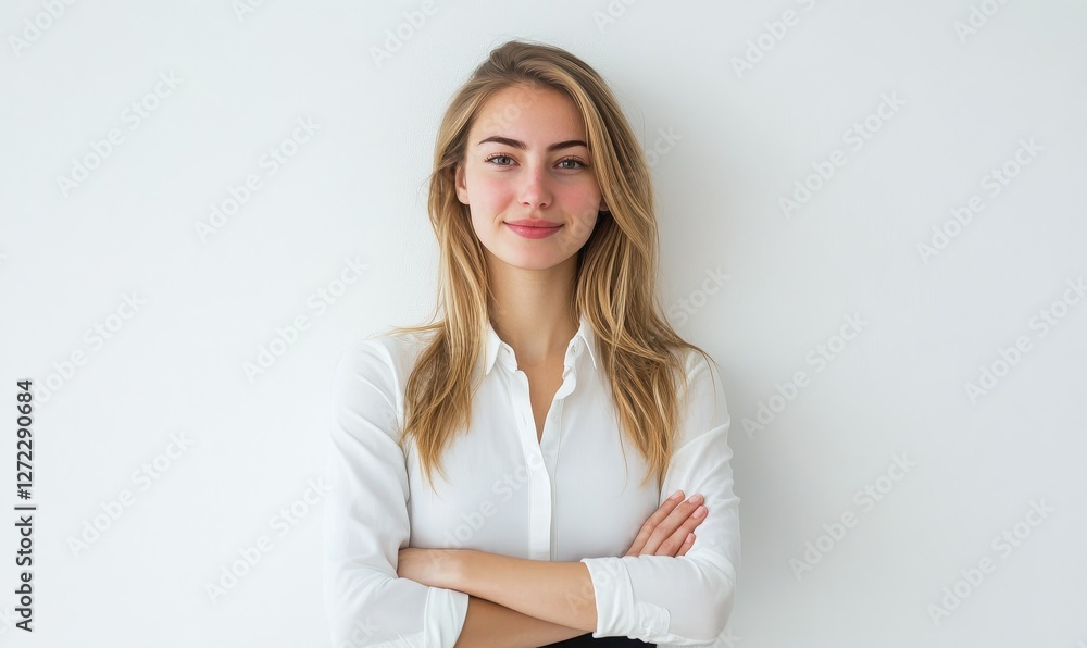 Woman in white shirt stands against plain white background smiling. Woman in white shirt stands against plain white background smiling.