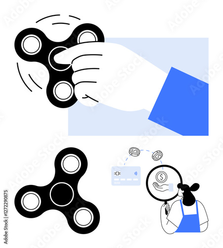 Hand spinning a fidget spinner, woman examining financial growth with magnifying glass, fidget spinner image. Ideal for stress relief, focus, mindfulness, analysis, finances, research productivity