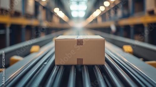 A cardboard box is sitting on a conveyor belt in a warehouse. The box is brown and has a white sticker on it photo