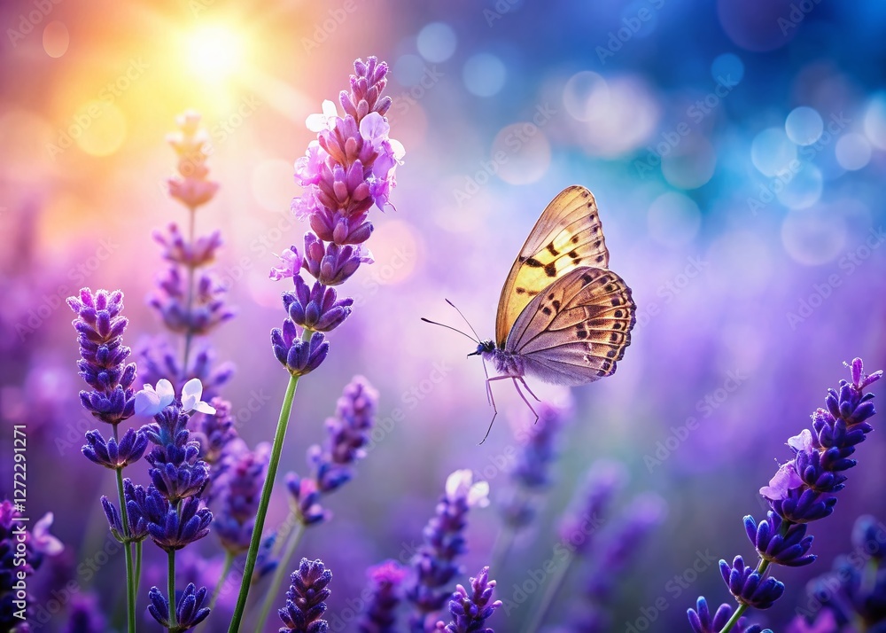 Lavender Field with Butterfly: Purple Flowers and Insect Beauty Stock Photo Lavender Field with Butterfly: Purple Flowers and Insect Beauty Stock Photo