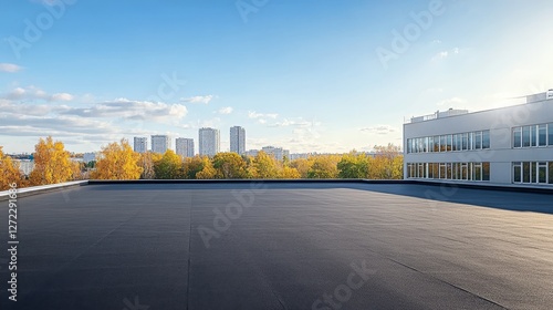 This commercial building features a contemporary flat roof with a durable EPDM membrane, contrasting beautifully with the blue skies and vibrant autumn foliage, creating a stunning visual delight