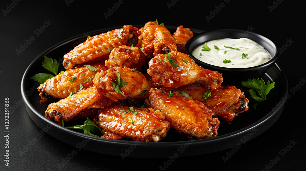 Golden crispy chicken wings coated in a spicy buffalo sauce, served with ranch dressing on the side Golden crispy chicken wings coated in a spicy buffalo sauce, served with ranch dressing on the side