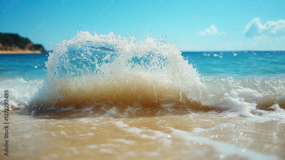 Fototapeta premium Ocean wave crashing on sandy beach under blue sky